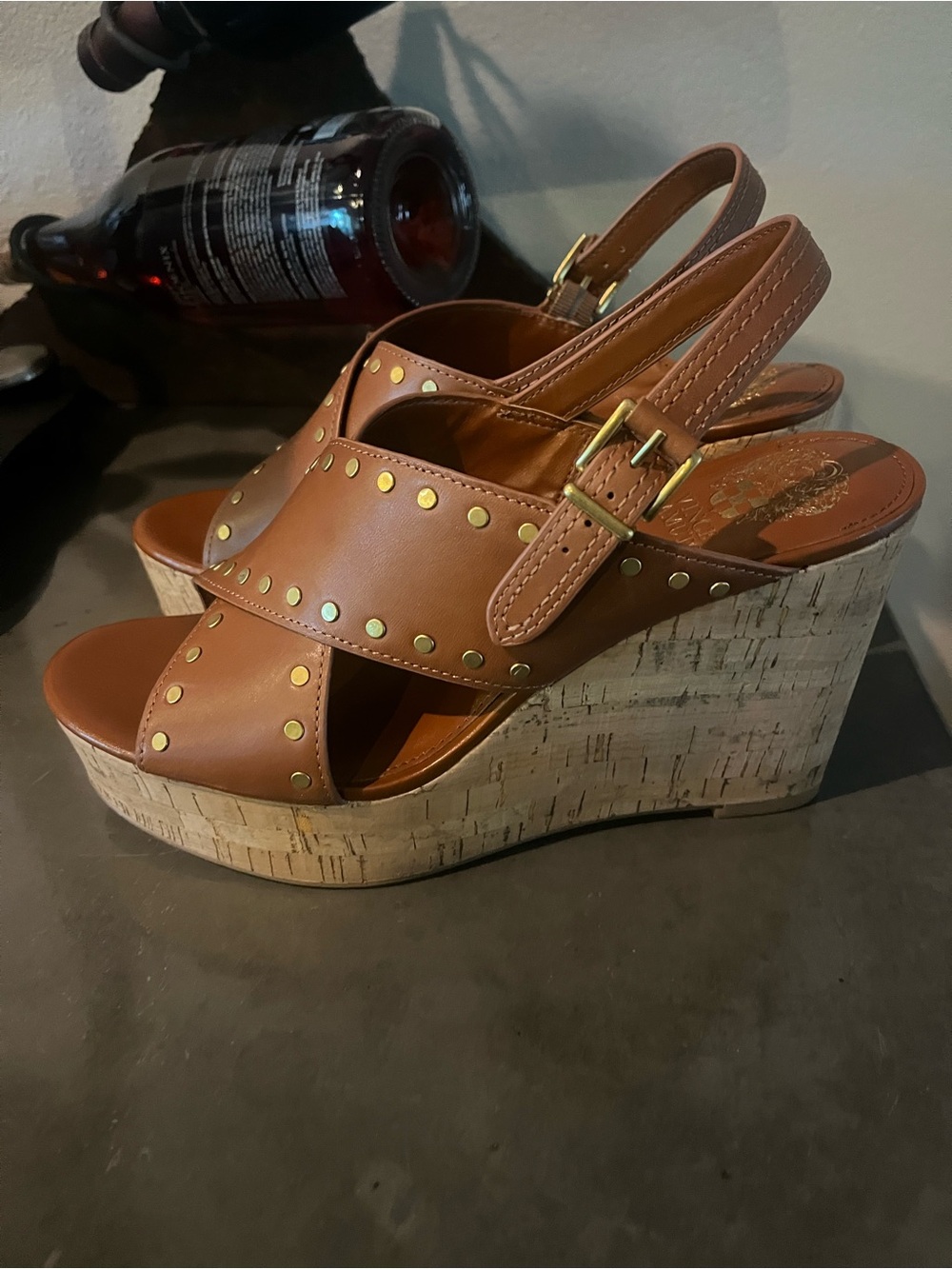 Vince Camuto Tan Studded Cork Platform Wedge Sandals